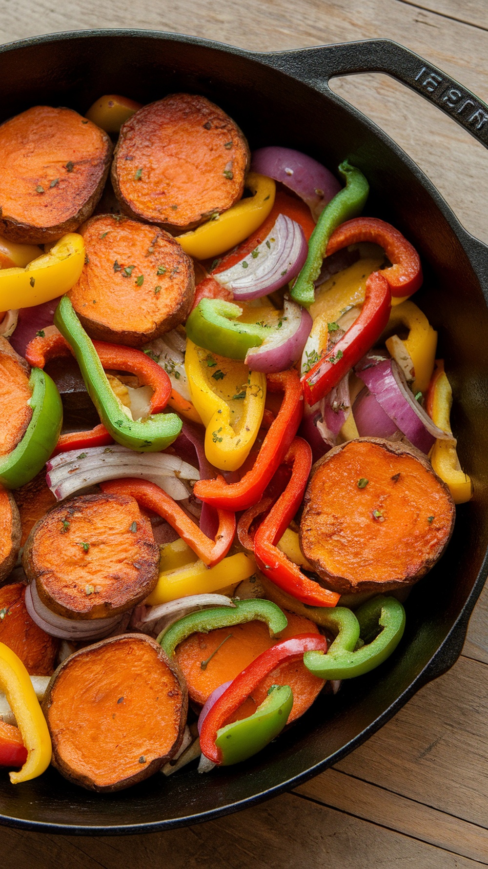 A vibrant dish of sweet potato hash with colorful bell peppers and onions.