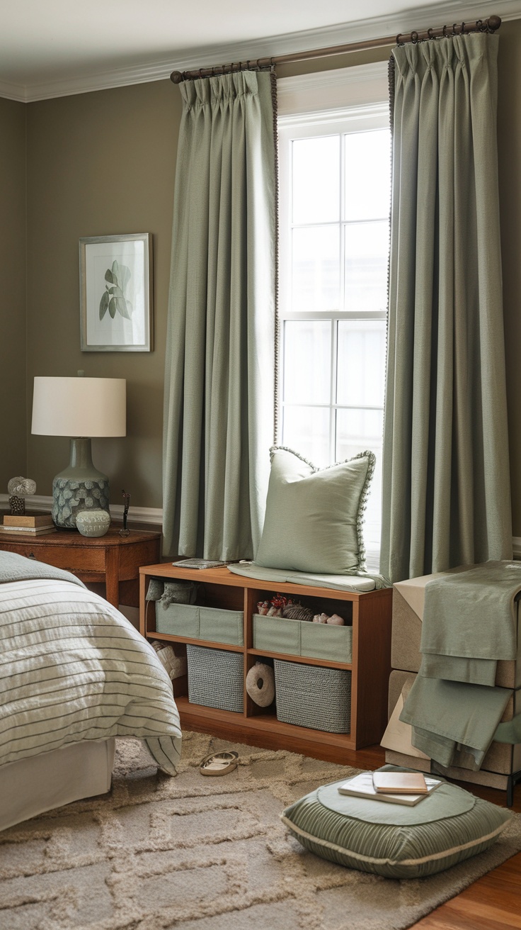 A cozy bedroom featuring Target Threshold sage green curtains, complementing a soft color palette.