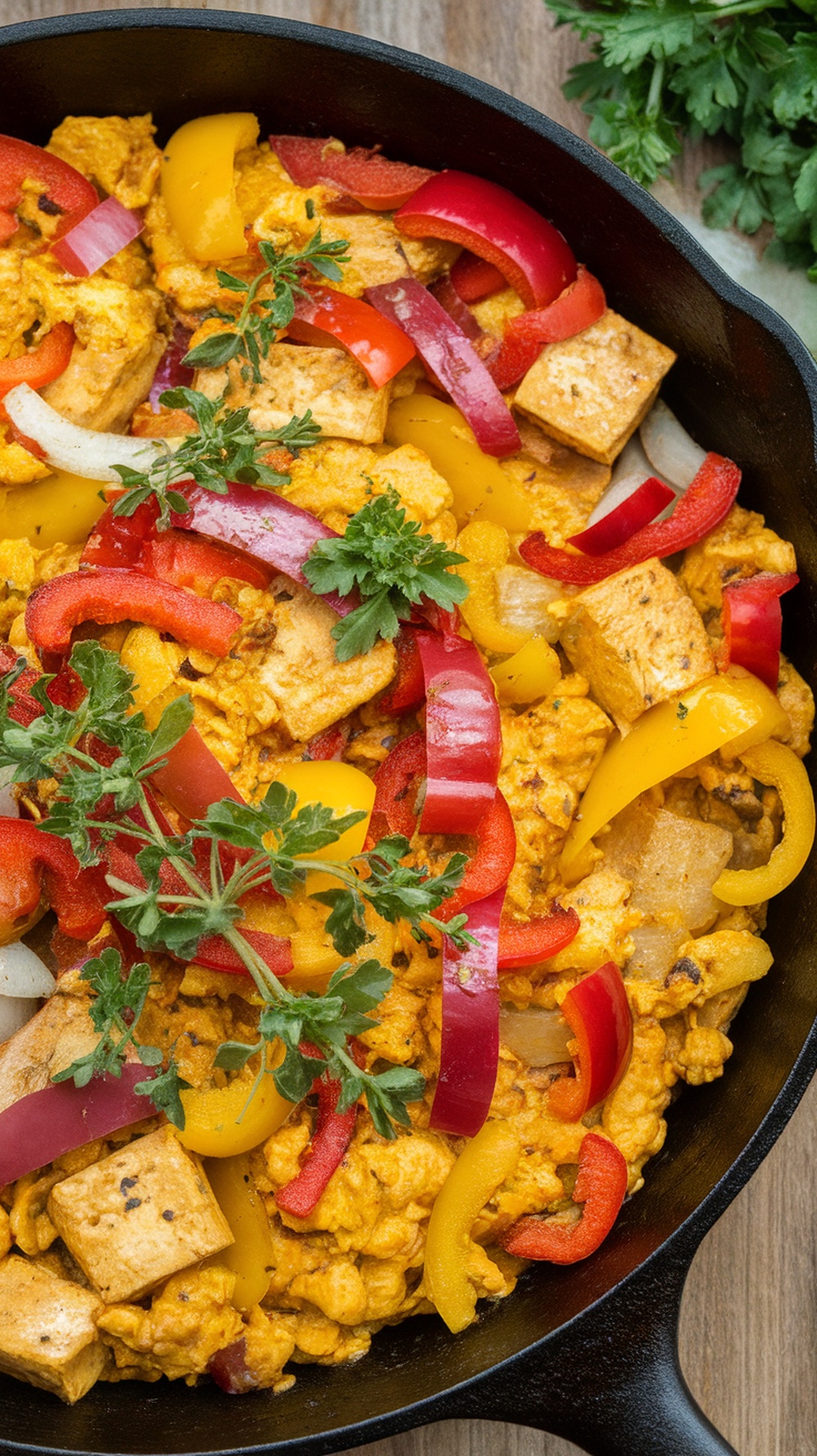 A colorful tofu scramble with bell peppers and herbs