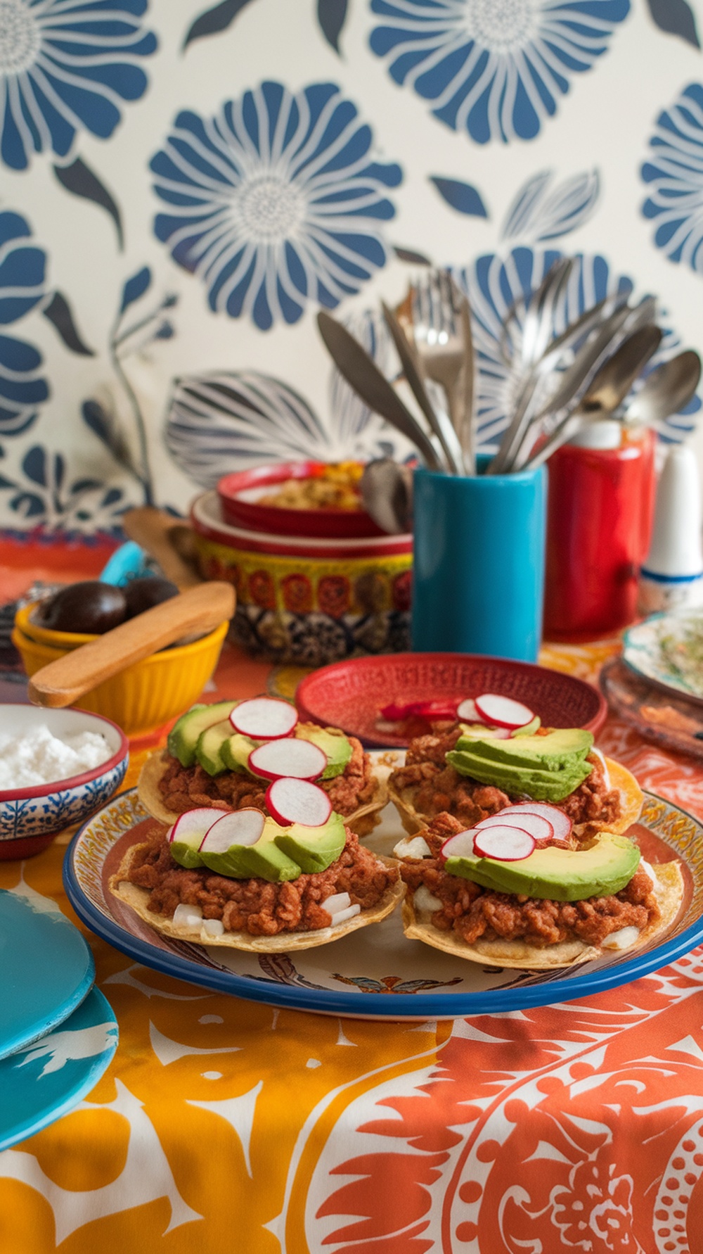 A colorful serving of tostadas topped with refried beans, avocado, and radishes.
