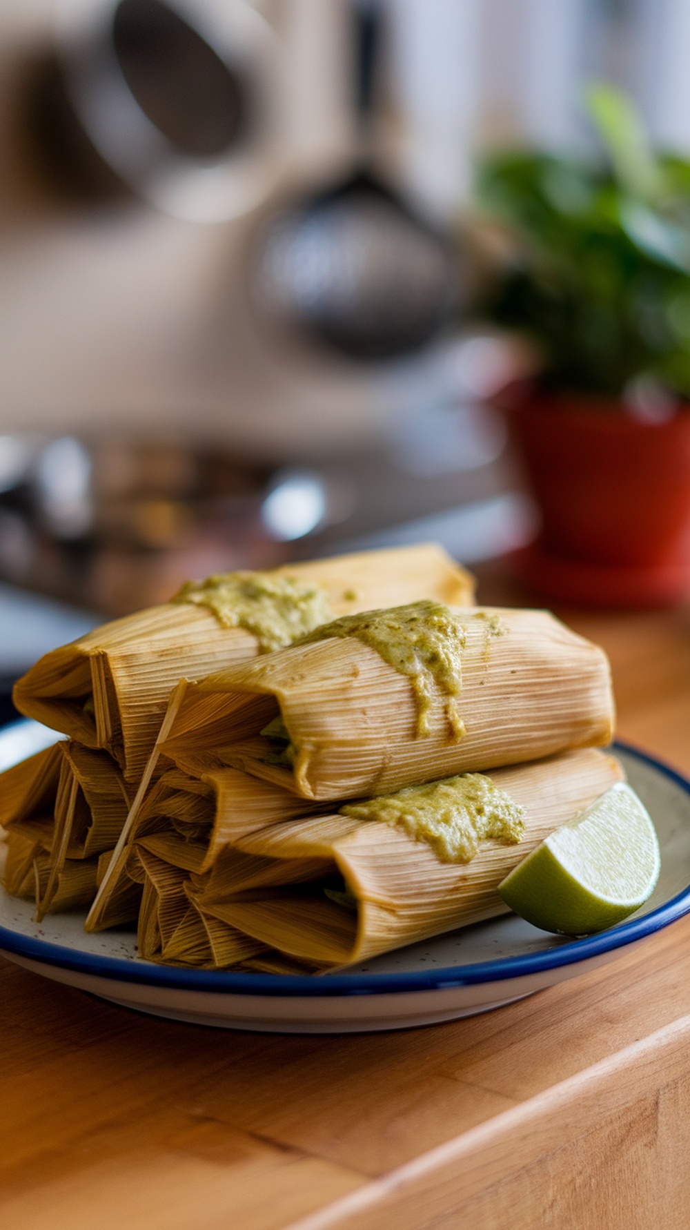 Traditional tamales served with salsa verde and lime.