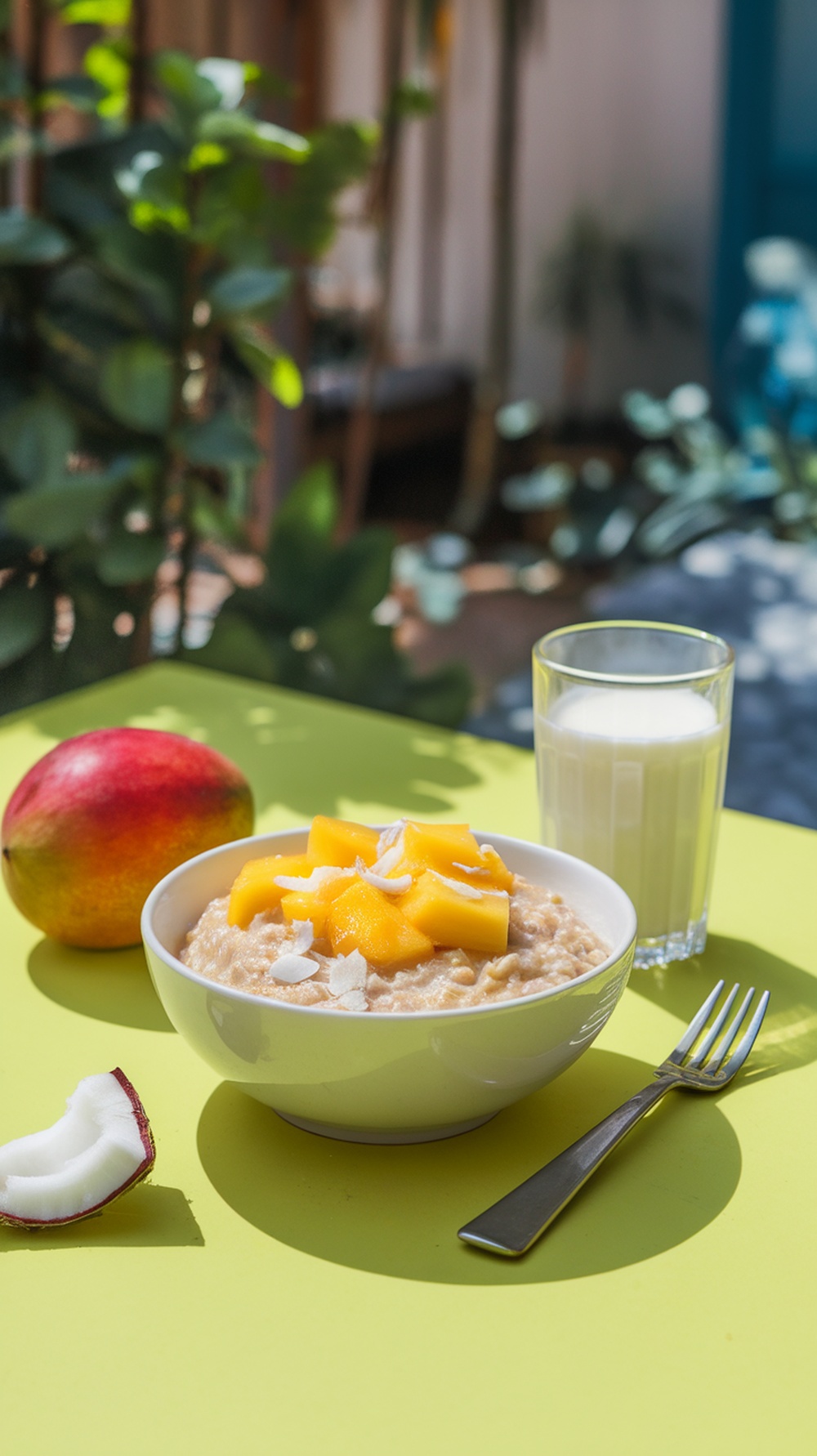 A bowl of Tropical Fruit Oatmeal topped with fresh mango and coconut, served with a glass of milk and a mango on the side.