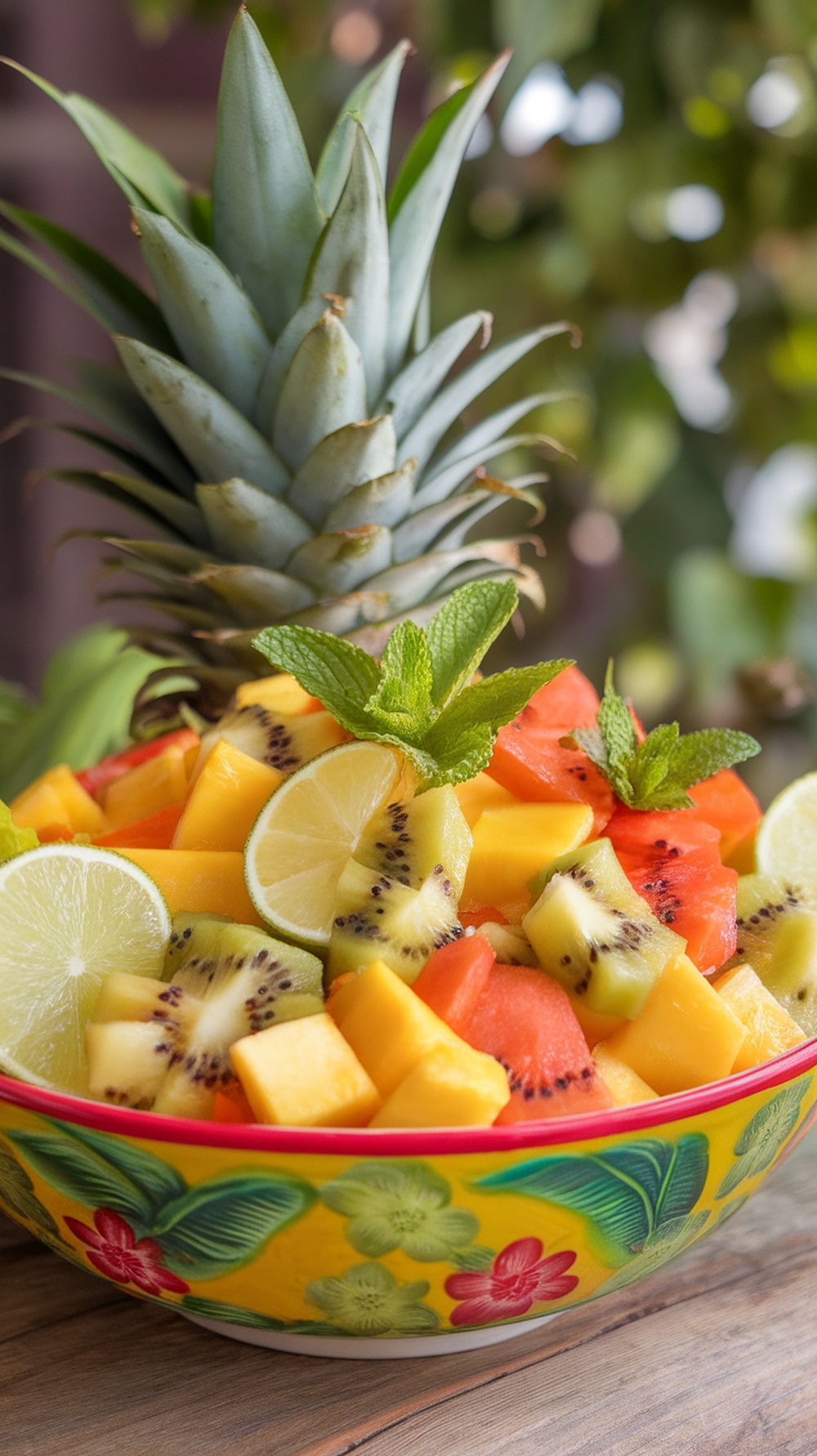 A colorful bowl of tropical fruit salad with mango, pineapple, watermelon, and kiwi, garnished with lime and mint.