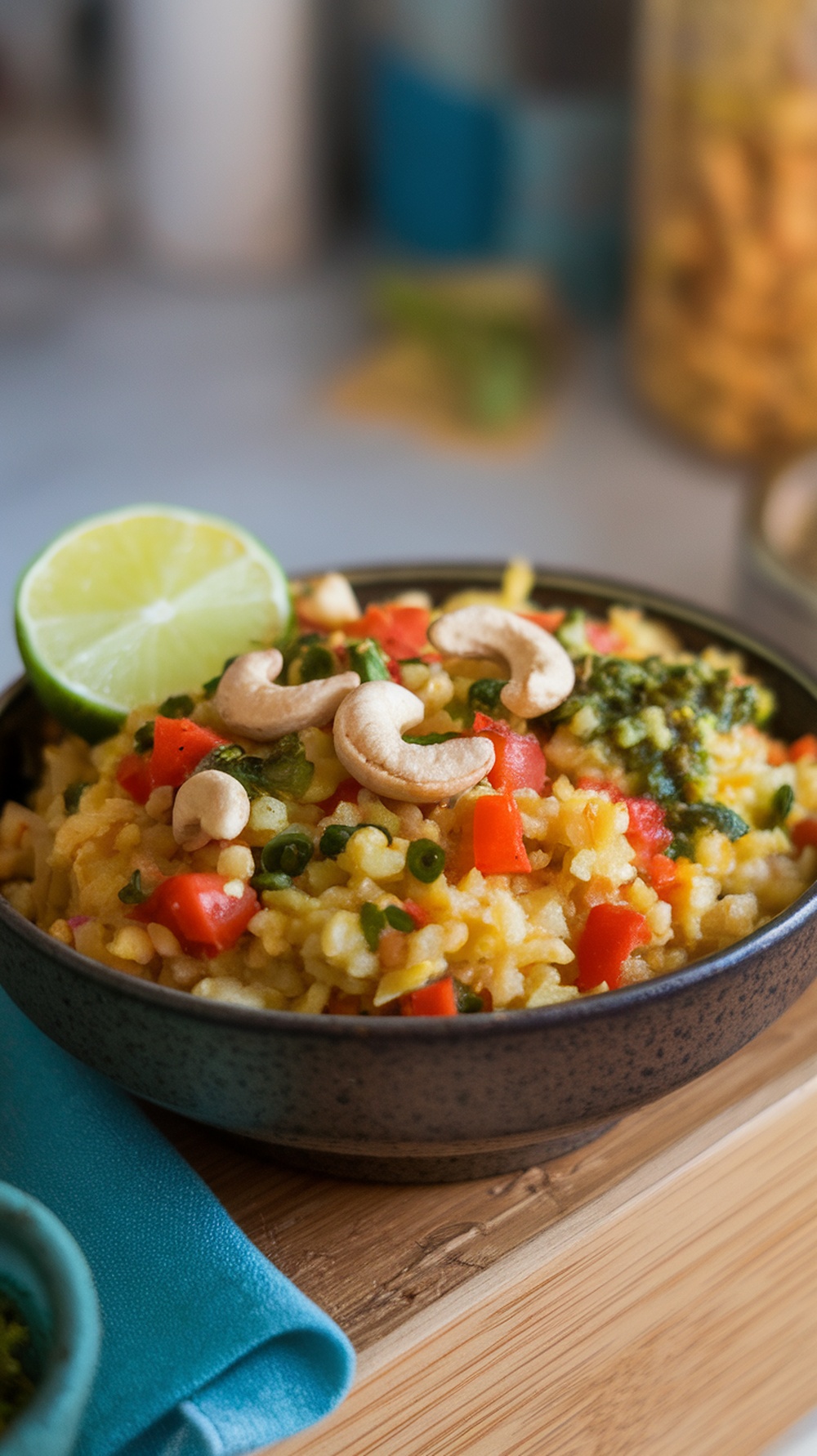 A bowl of Upma with vegetables and cashews, garnished with lime.
