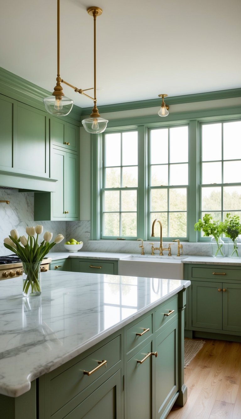 A spacious, sage green kitchen with marble countertops, brass fixtures, and natural light pouring in through large windows