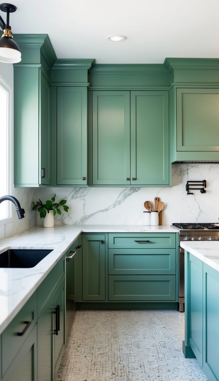 Sage green cabinets contrast against white marble countertops in a modern kitchen