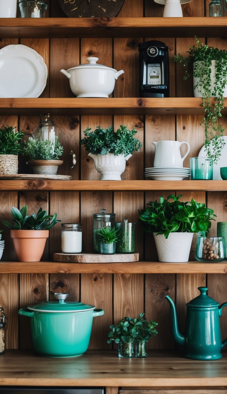 Rustic wooden shelves filled with green kitchen decor and plants