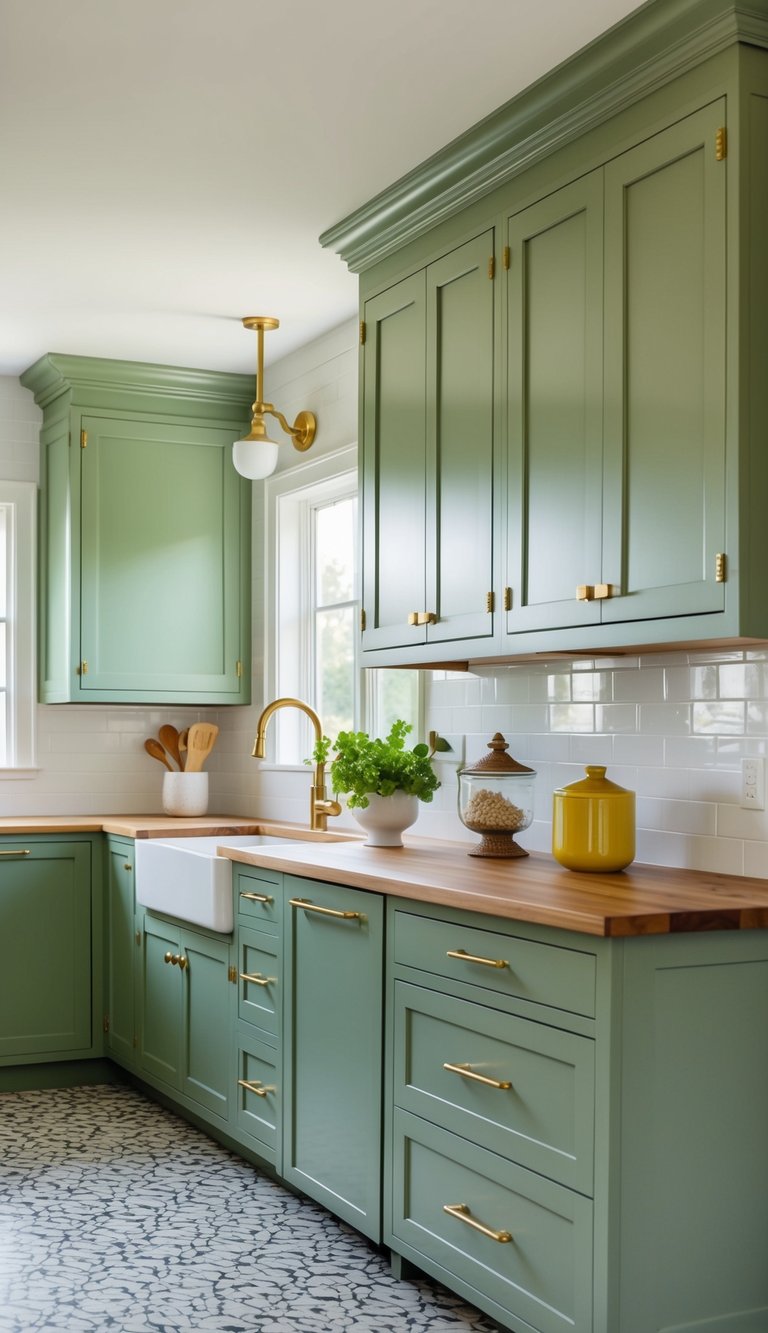 Sage green kitchen with brass hardware accents, featuring cabinetry, countertops, and decor in matching tones