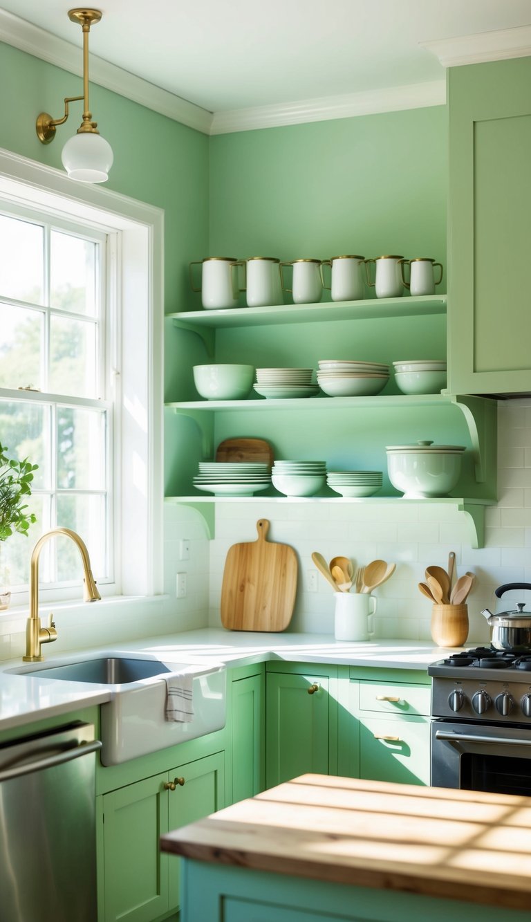 A bright, sage green kitchen with open shelving filled with neatly arranged dishes and cookware. Sunlight streams in through the window, creating a light and airy atmosphere