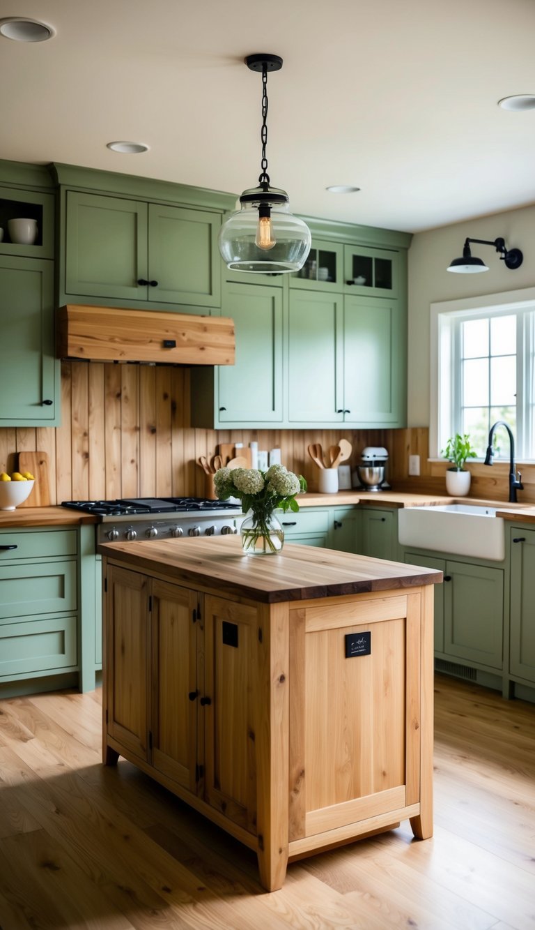 A cozy kitchen with sage green cabinets, a wooden island, and natural wood accents throughout