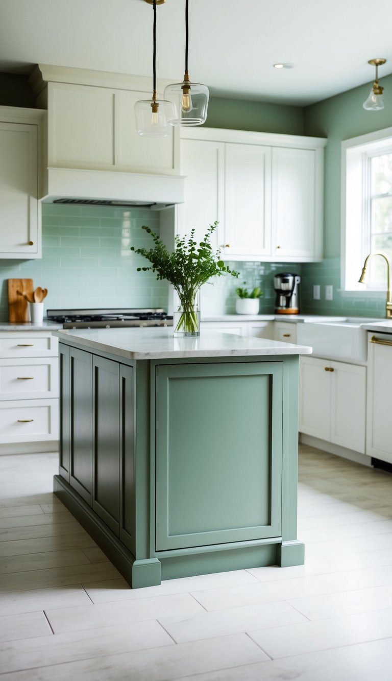 A sage green island stands in a kitchen with white cabinetry, creating a serene and modern atmosphere