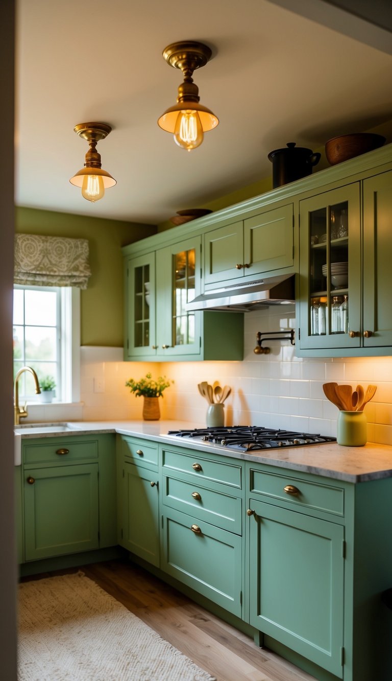 A cozy kitchen with sage green cabinets and vintage-style lighting fixtures casting a warm glow over the room