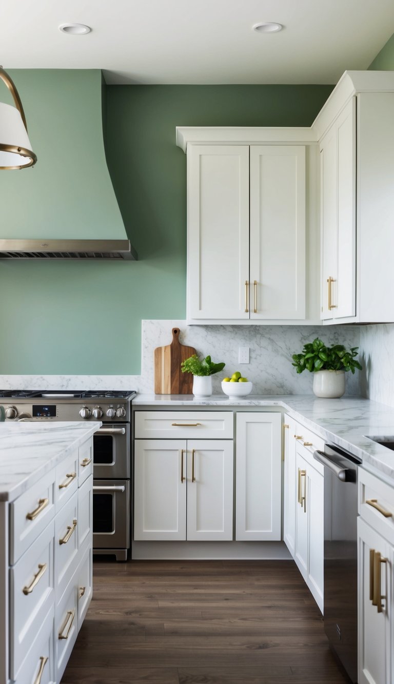 A modern kitchen with sage green accent wall, white cabinets, and marble countertops. Stainless steel appliances and natural light