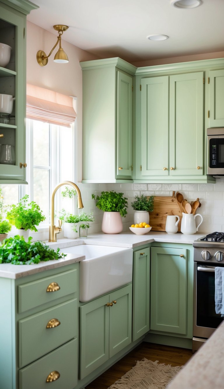 A cozy kitchen with sage green cabinets and pastel accents, filled with natural light and fresh herbs on the countertop