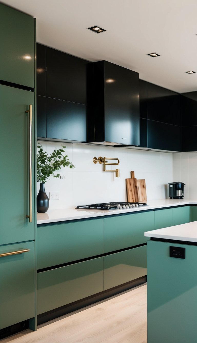 A sage green kitchen with sleek black accents and modern fixtures