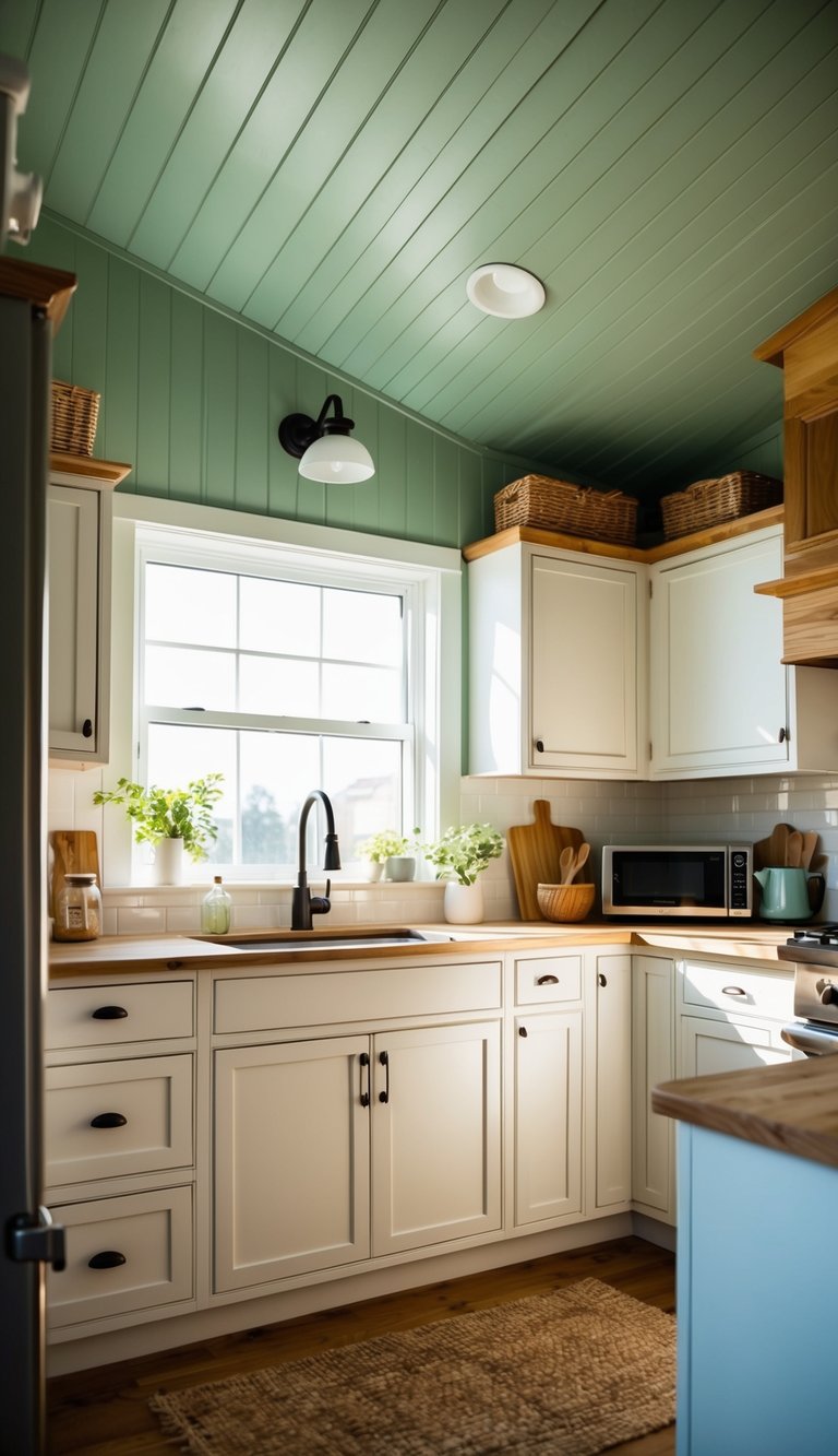 A cozy kitchen with sage green ceiling, white cabinets, and natural wood accents. Sunlight streams in through a window, casting a warm glow on the space
