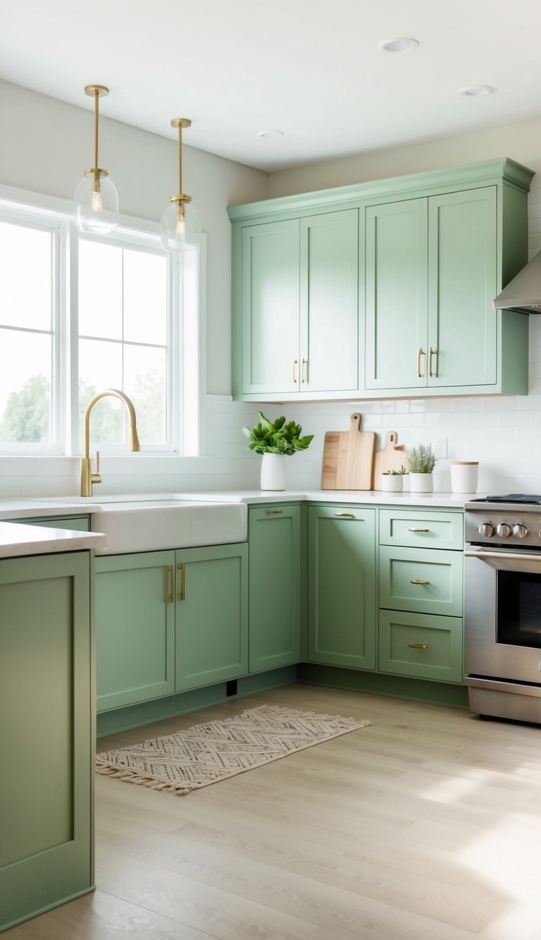 Sage green lower cabinets stand out in a bright, airy kitchen with natural light and minimalist decor