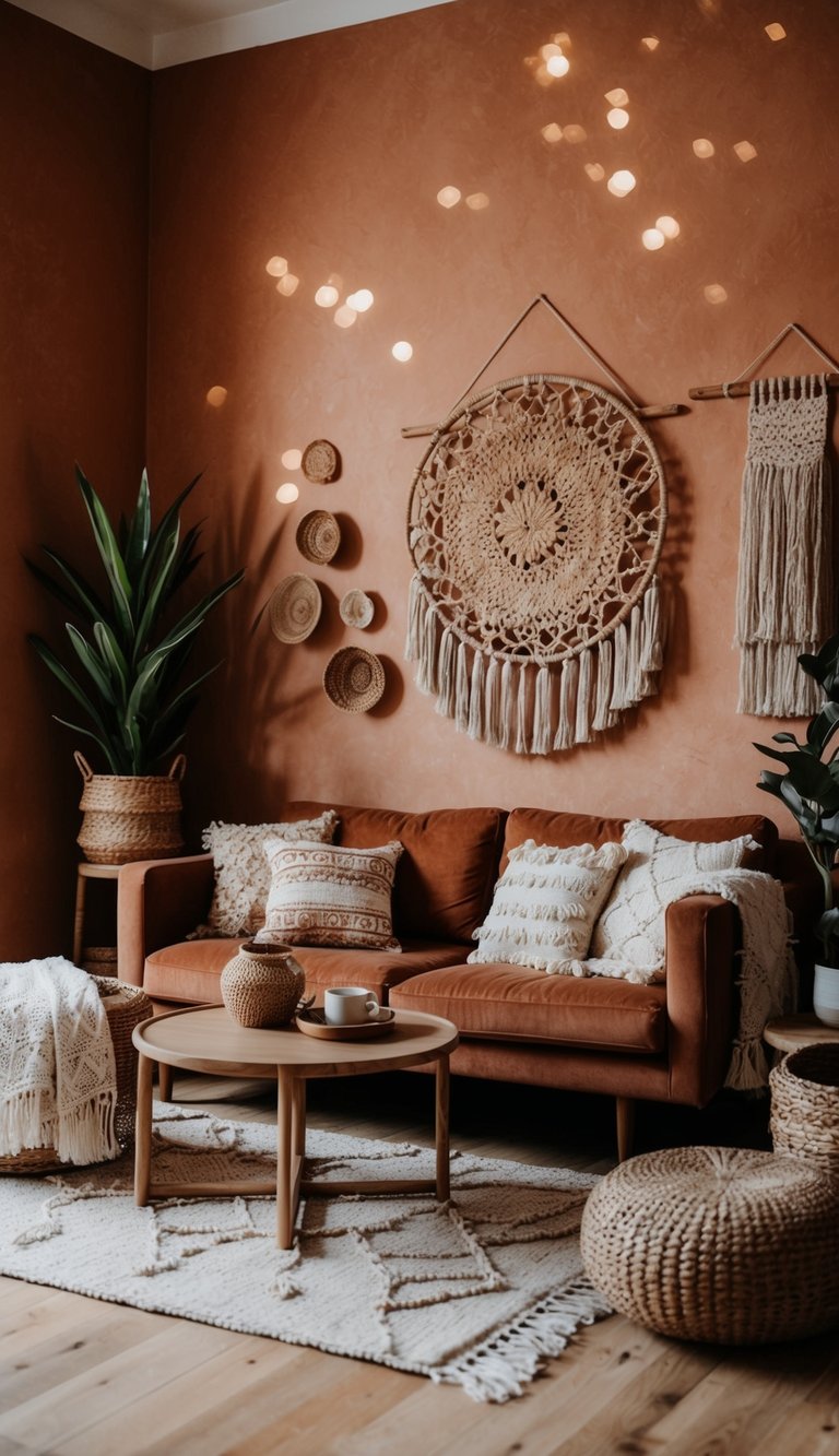 A cozy terracotta living room with bohemian decor, featuring earthy tones, layered textiles, and natural materials like rattan and jute