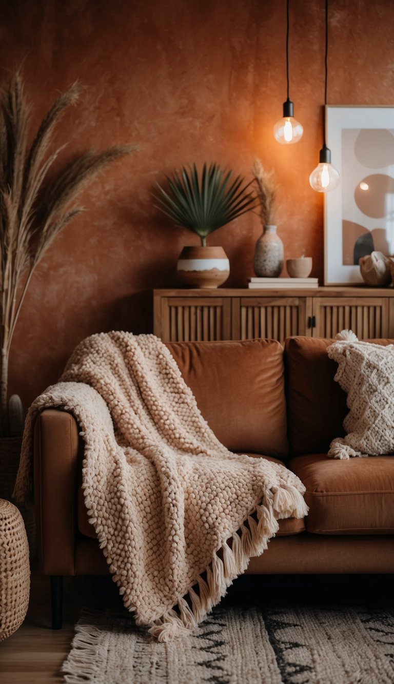 A cozy boho terracotta living room with a plush textured blanket draped over a comfy sofa, surrounded by earthy decor and warm lighting