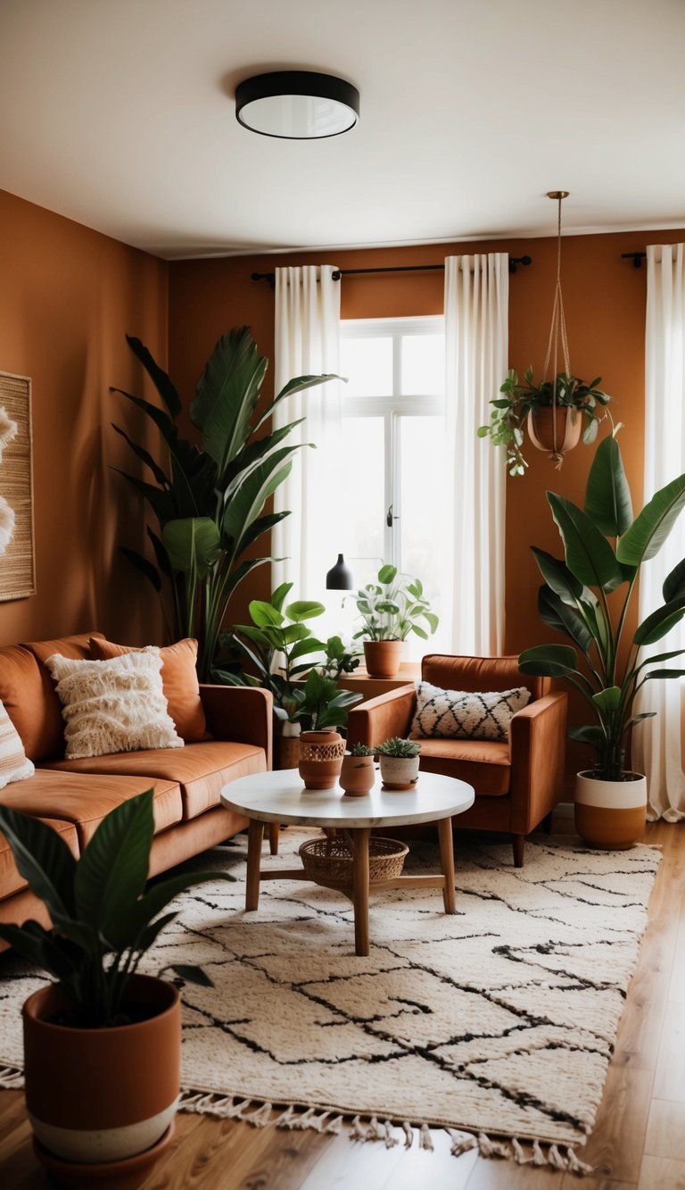 A cozy boho living room with terracotta accents, adorned with large indoor plants for a natural and vibrant atmosphere