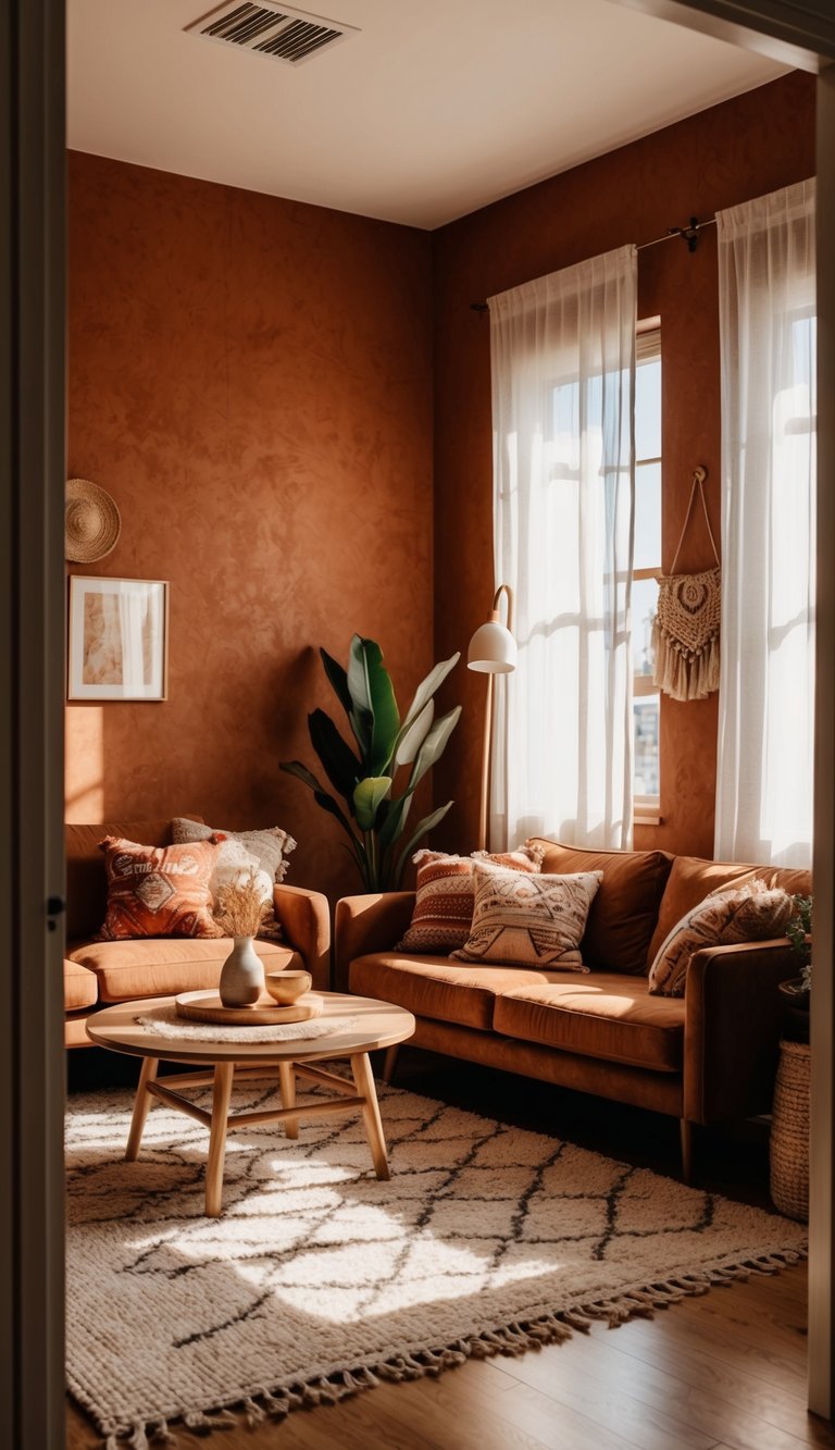 A cozy living room with terracotta accent wall, earthy decor, and bohemian style furniture. Sunlight streaming in through sheer curtains