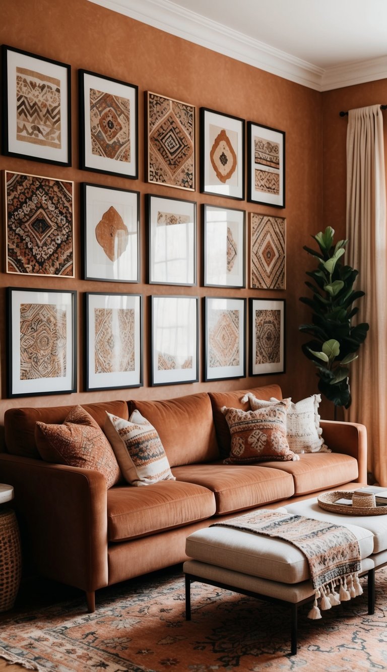 A cozy terracotta living room with a gallery wall of framed boho art, featuring warm earthy tones and intricate patterns
