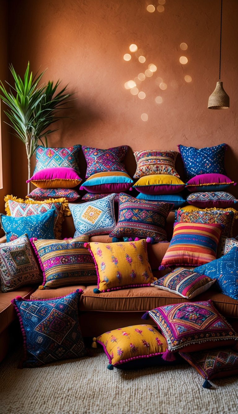An array of vibrant, patterned cushions arranged in a Boho Terracotta Living Room, creating a cozy and inviting atmosphere
