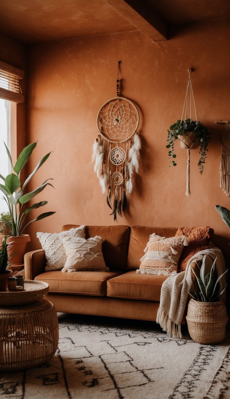 A cozy terracotta living room with bohemian decor, featuring a large dreamcatcher, plants, and earthy textiles