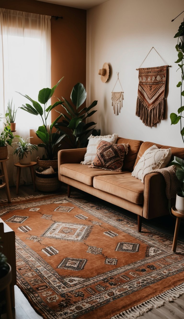 A cozy living room with layered vintage rugs in warm terracotta tones, surrounded by bohemian decor and plants