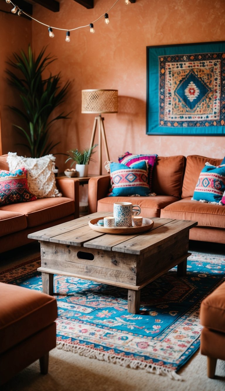 A rustic wooden coffee table sits in the center of a boho terracotta living room, surrounded by cozy seating and vibrant decor