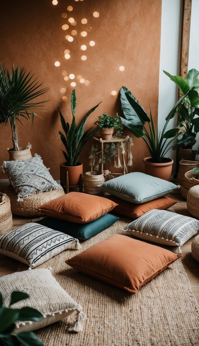 Floor cushions arranged in a bohemian terracotta living room, surrounded by plants and natural decor