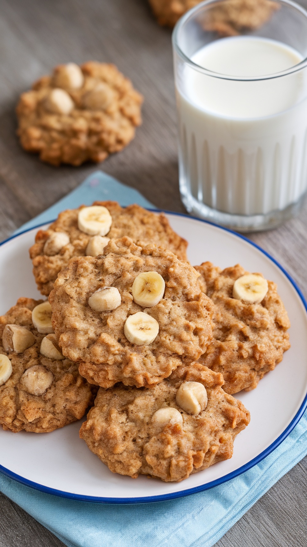 Vegan banana oatmeal cookies served on a plate with a glass of milk