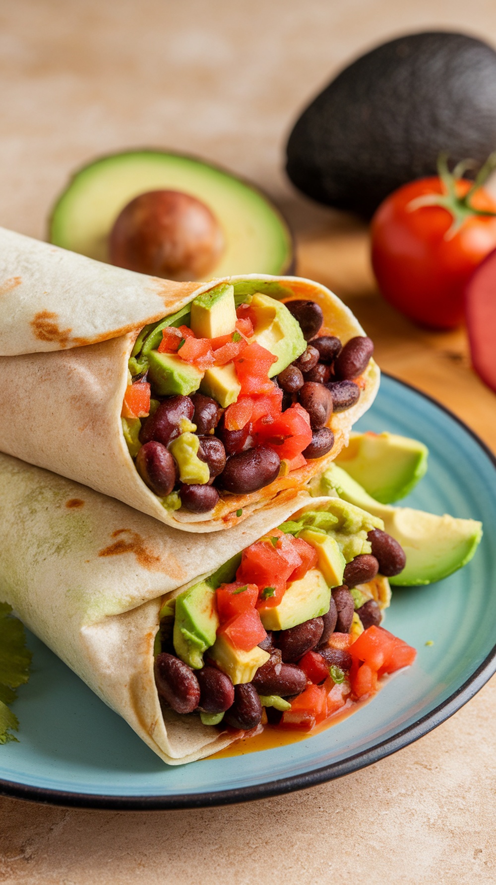 A delicious vegan breakfast burrito filled with black beans, avocado, and salsa.