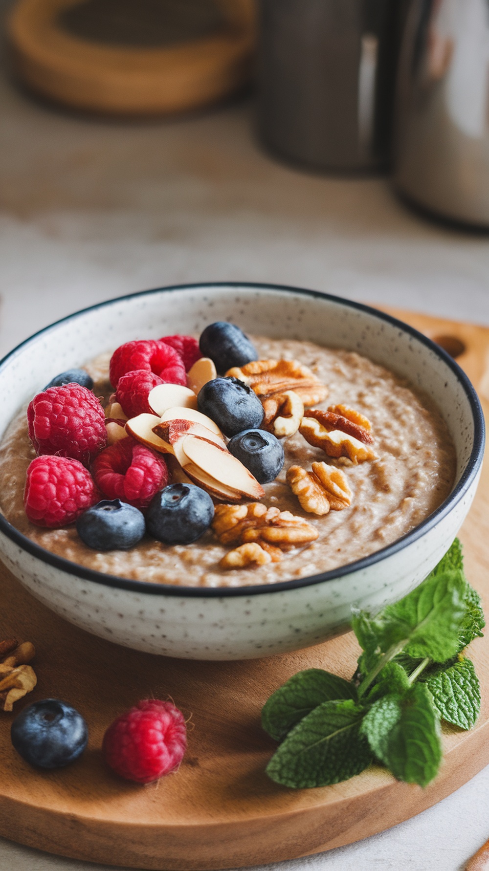 Bowl of vegan buckwheat porridge topped with fresh berries and nuts