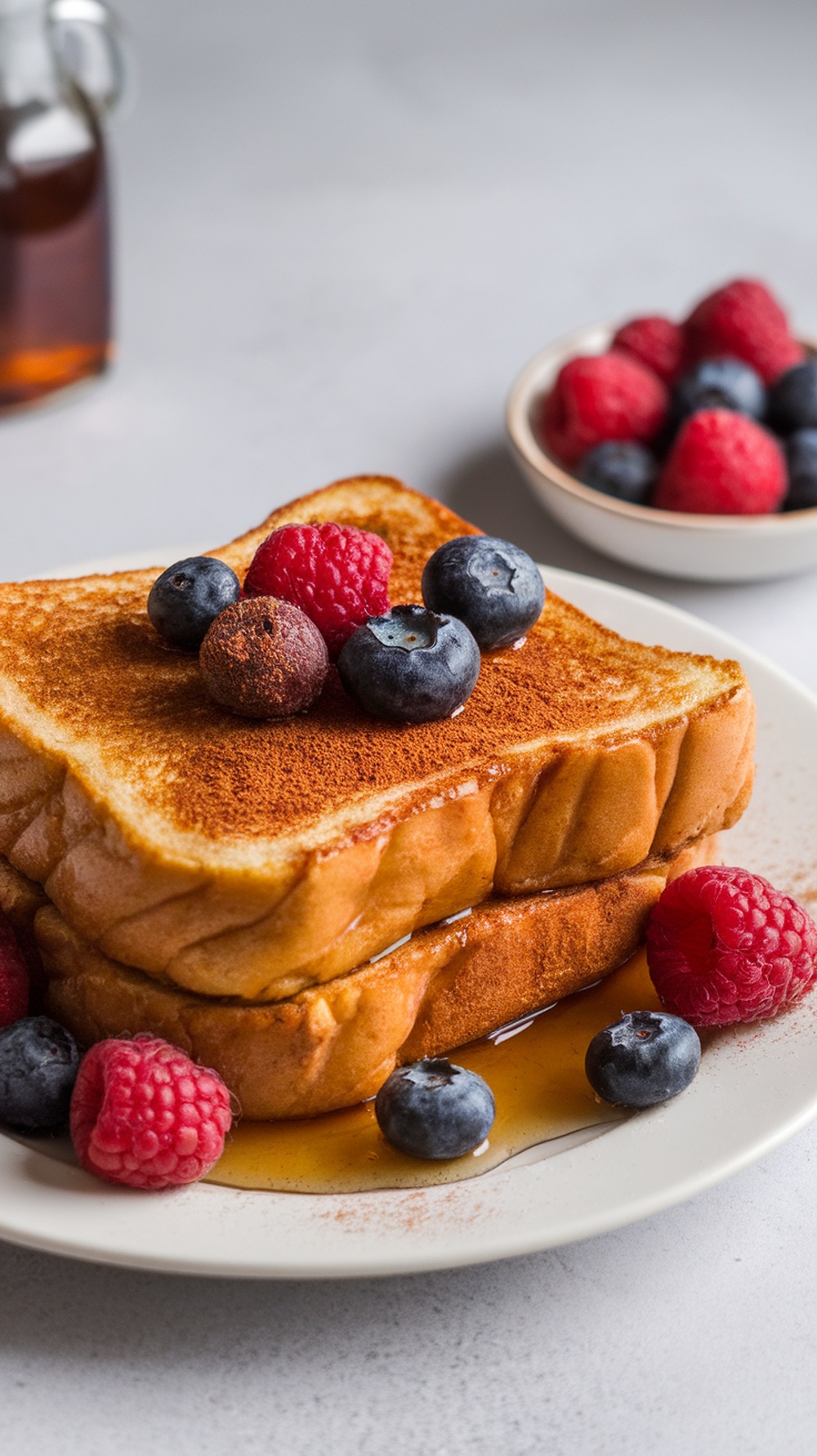 Delicious vegan French toast topped with fresh berries and maple syrup.