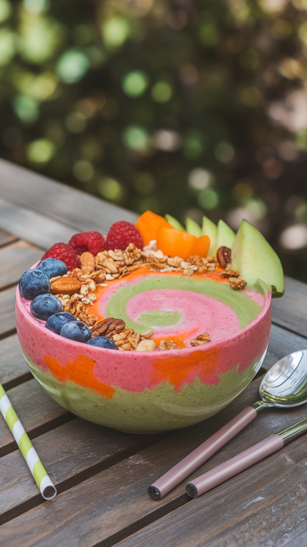 A colorful vegan smoothie bowl topped with granola, nuts, and fresh fruit.