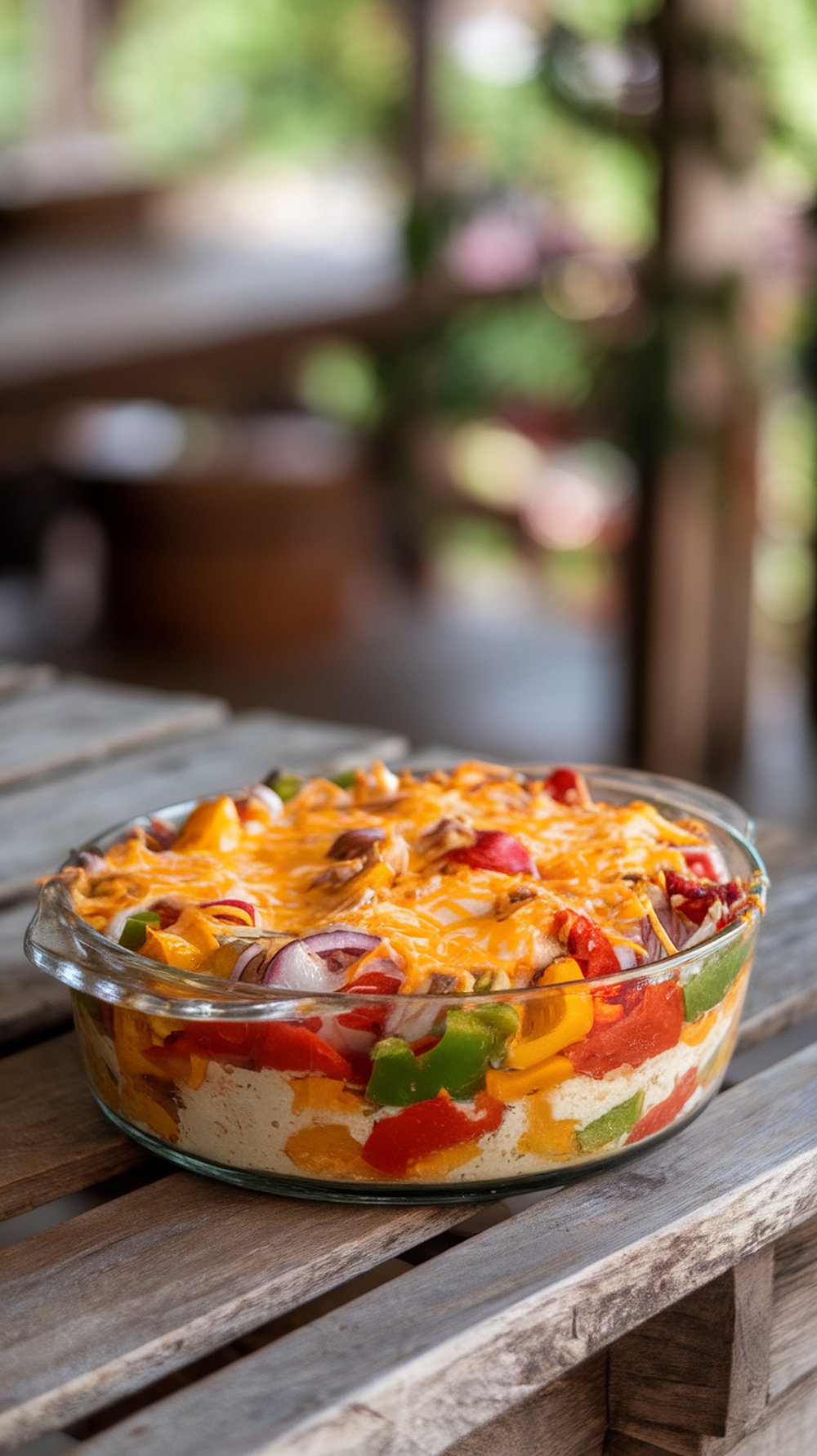 A colorful vegetable and cheese breakfast casserole in a glass dish.
