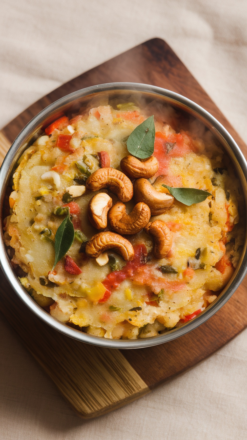 A bowl of Vegetable Upma with cashews on top