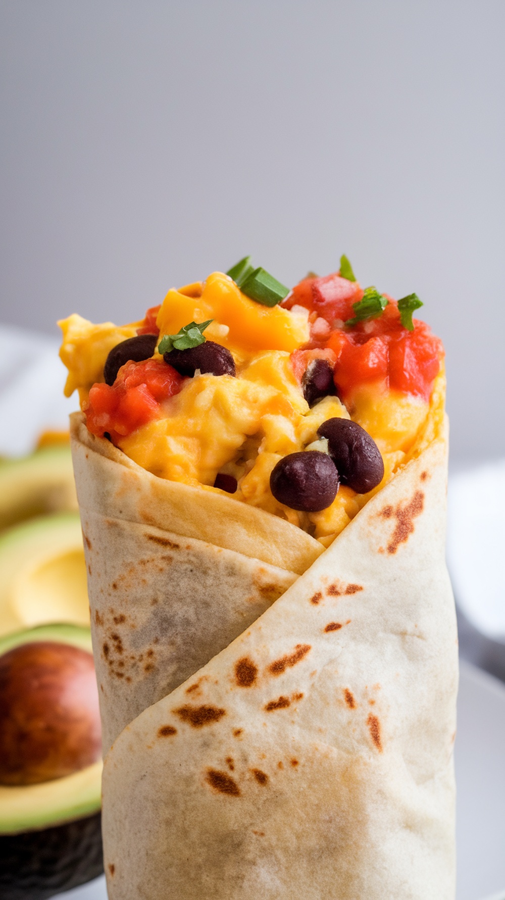 Delicious vegetarian breakfast burrito filled with eggs, black beans, and salsa