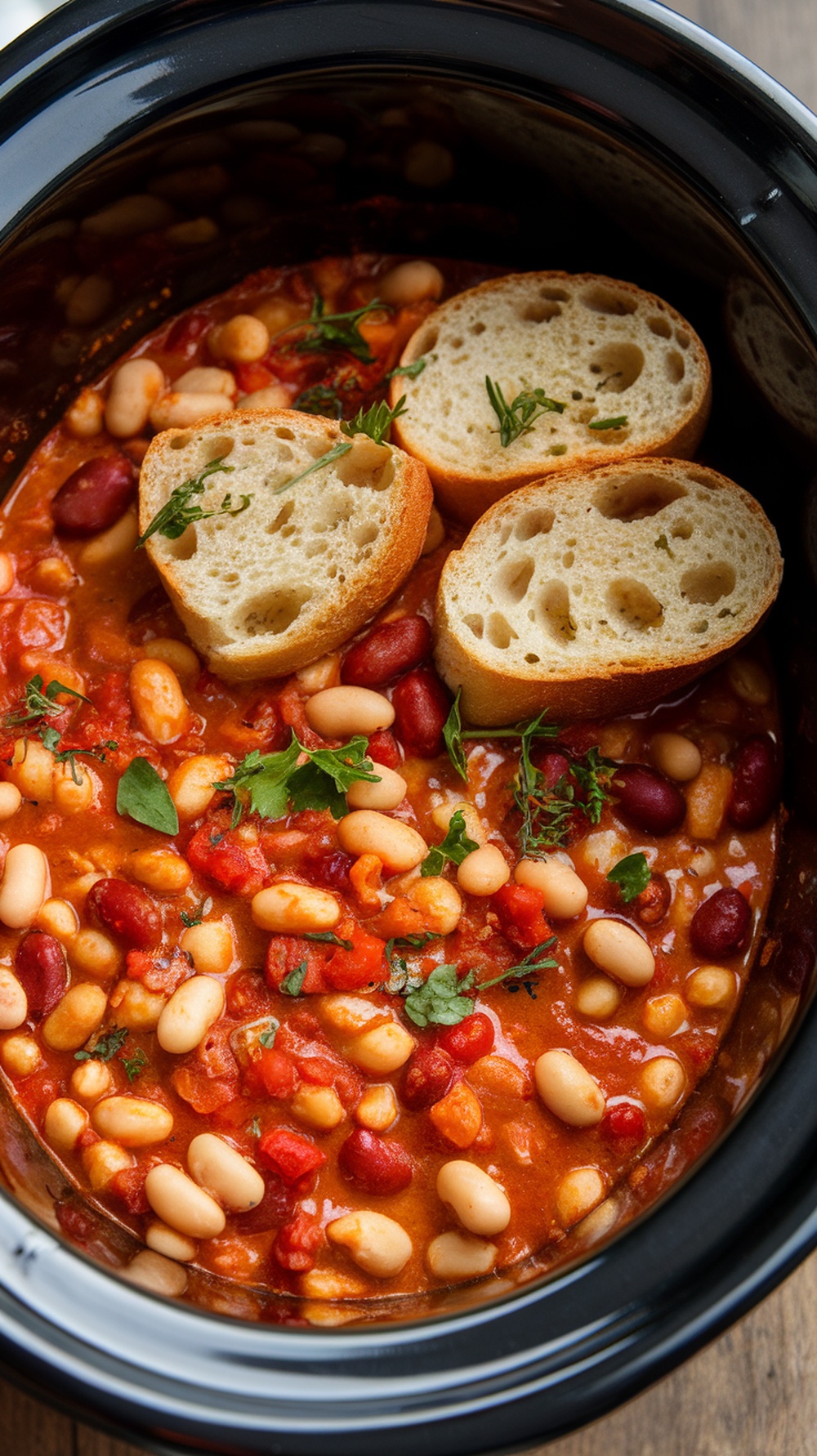 A hearty vegetarian breakfast chili in a crockpot with beans, tomatoes, and garnished with fresh herbs.