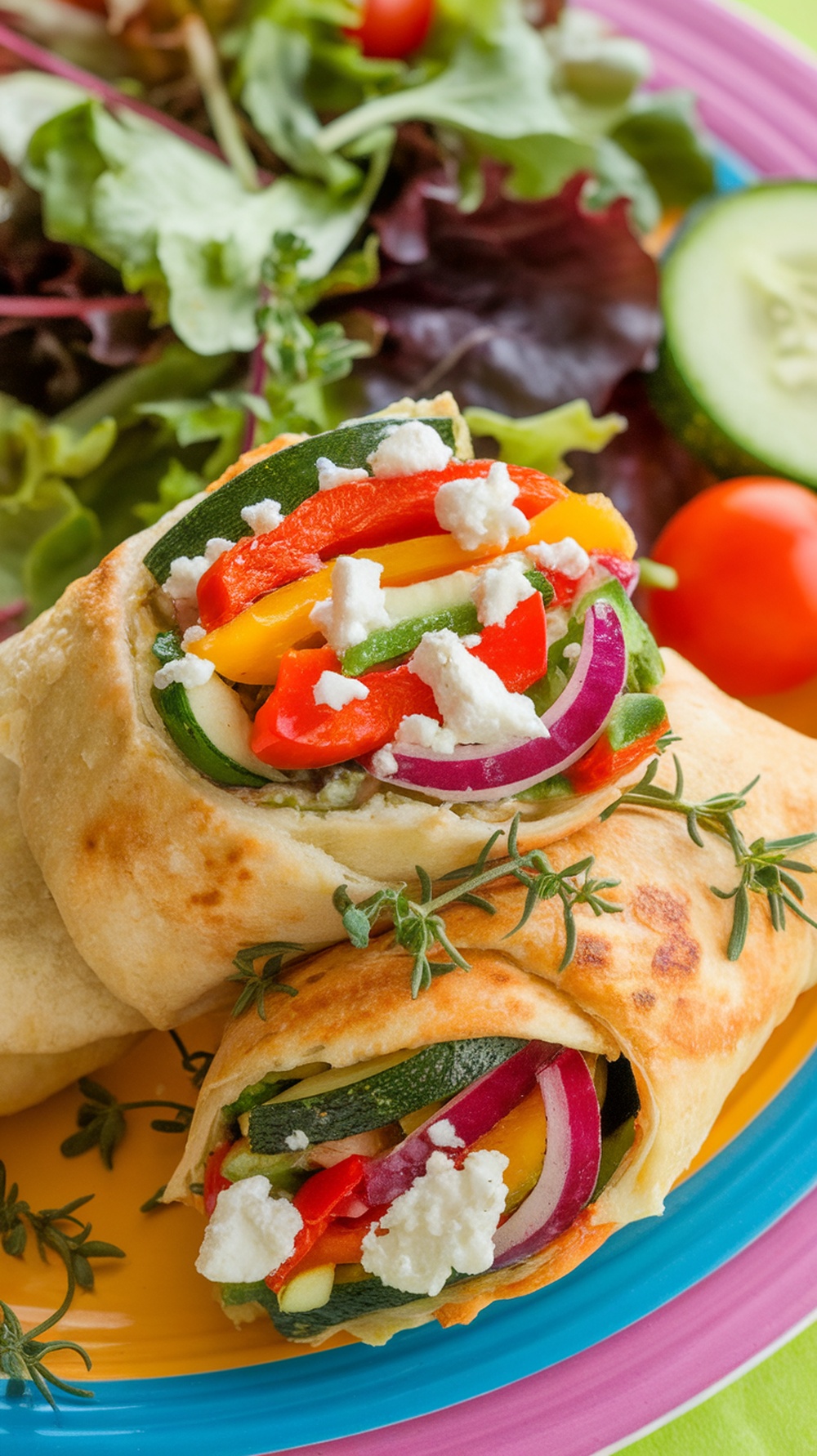 Veggie and Feta Crescent Roll Wraps served with a side salad
