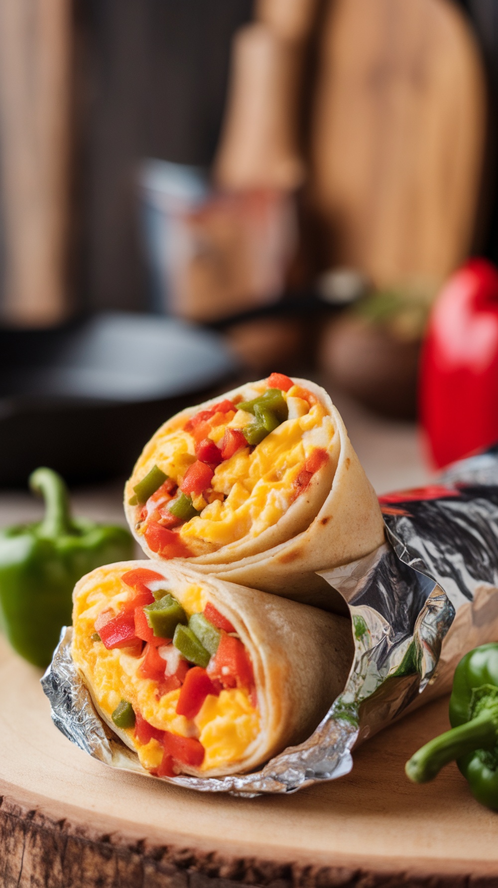 Delicious veggie breakfast burrito with eggs, bell peppers, and tomatoes, wrapped in a tortilla.