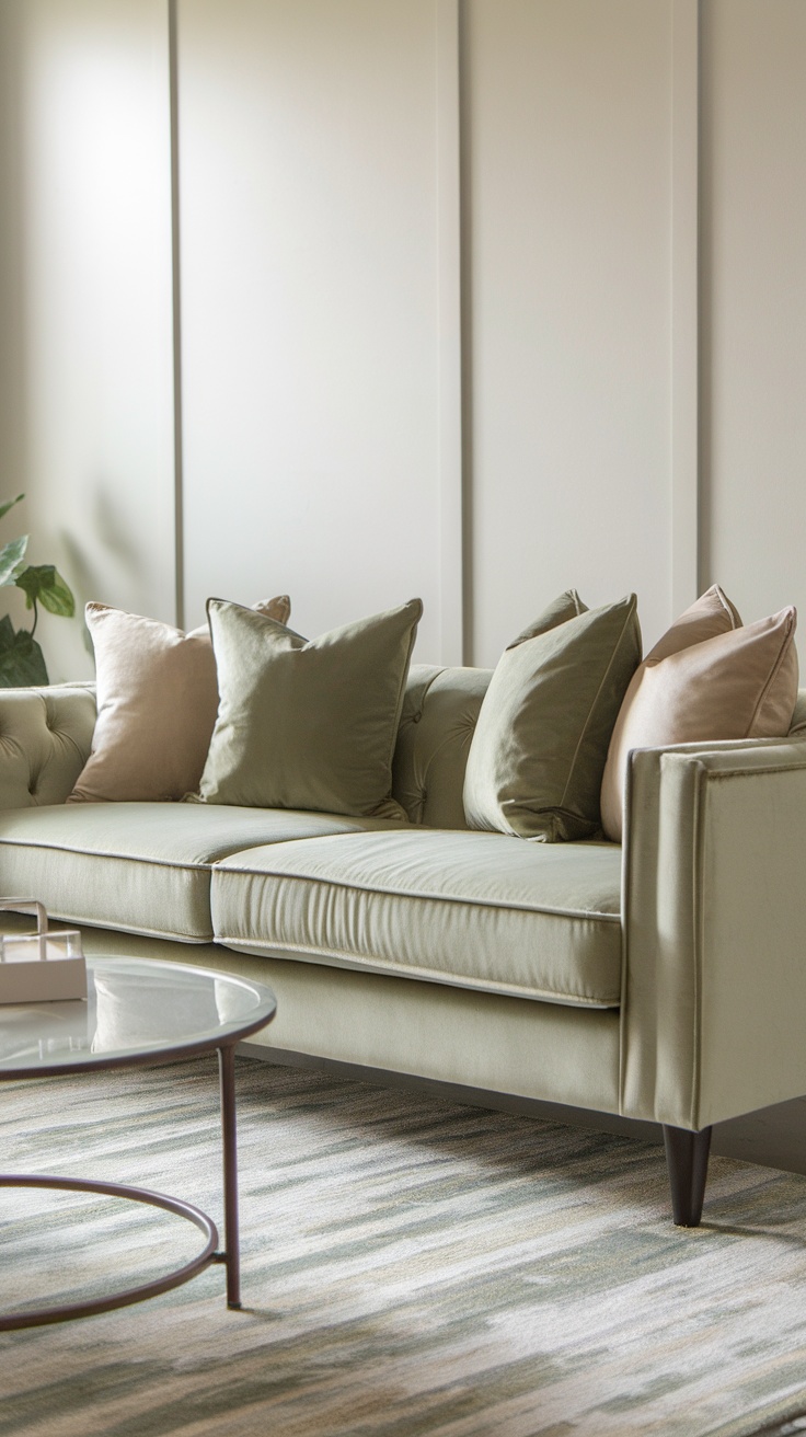 A sage green velvet sofa with cushions, placed in a bright room with a round coffee table.