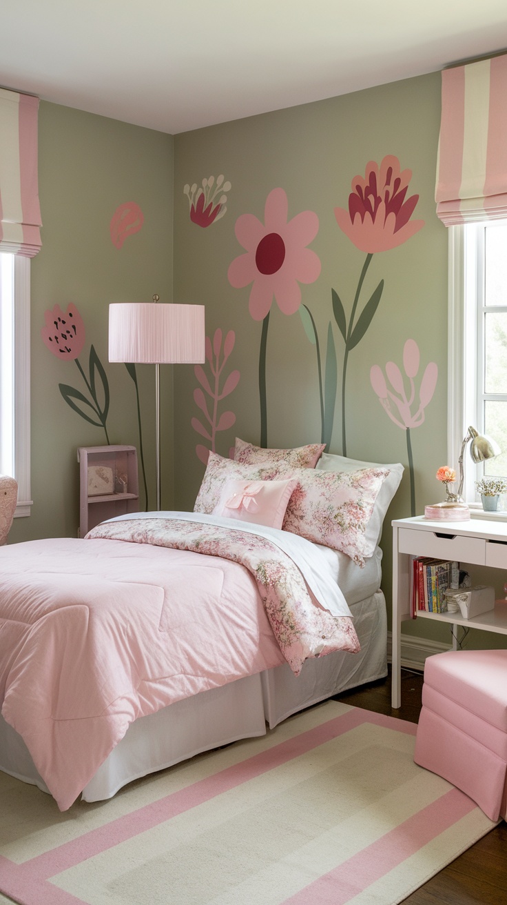 A sage green bedroom featuring floral wall decals and pink bedding.