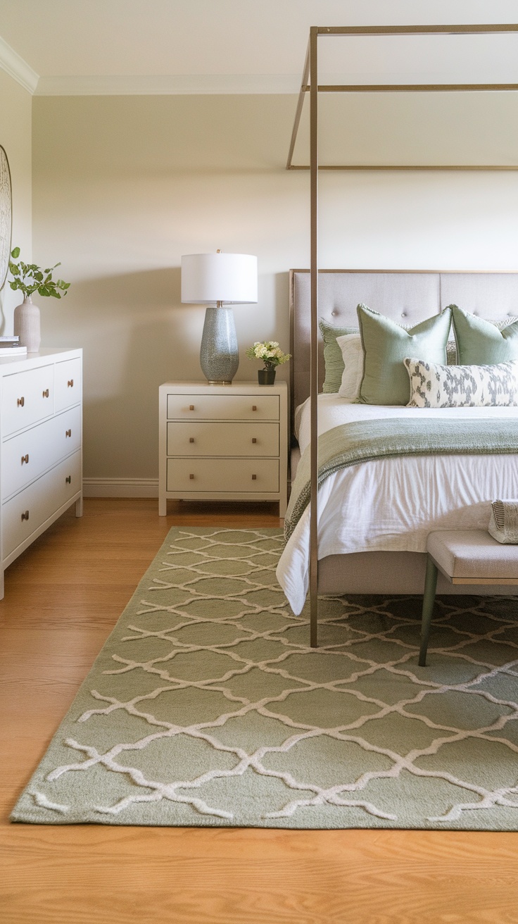 A sage green area rug in a stylish bedroom with neutral decor