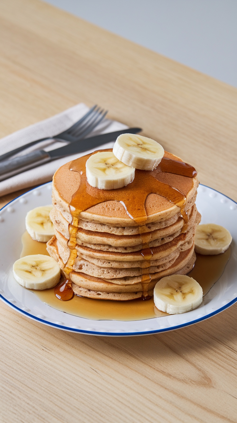 A stack of whole wheat banana pancakes topped with sliced bananas and syrup.
