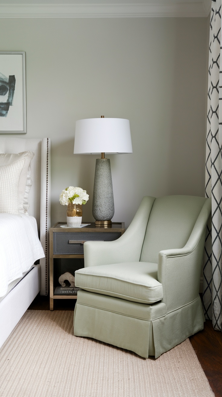 A sage green accent chair next to a bedside table with a lamp and flowers in a cozy bedroom.