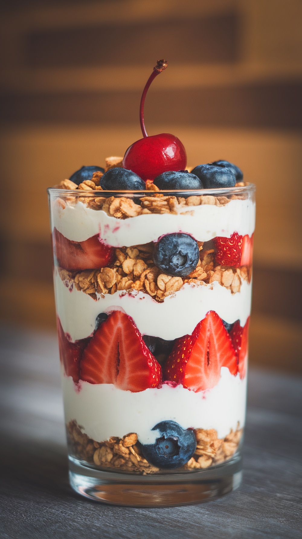 A delicious yogurt parfait with layers of granola and fresh fruit, topped with a cherry.