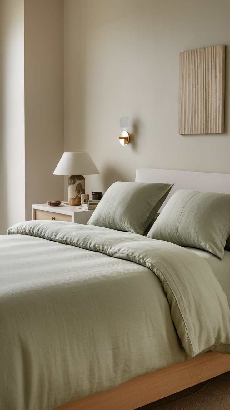 A serene bedroom featuring sage green linen sheets on a bed with a light-colored headboard and bedside table.