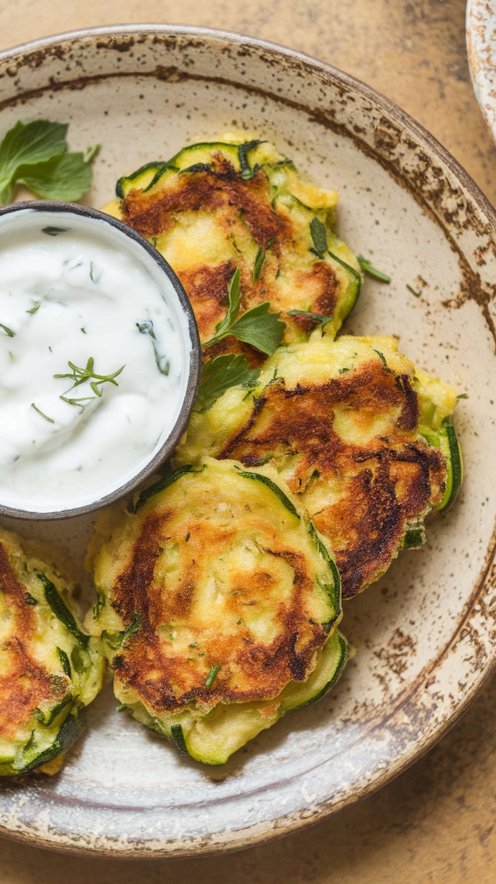 Plate of zucchini fritters with a bowl of Greek yogurt dip.
